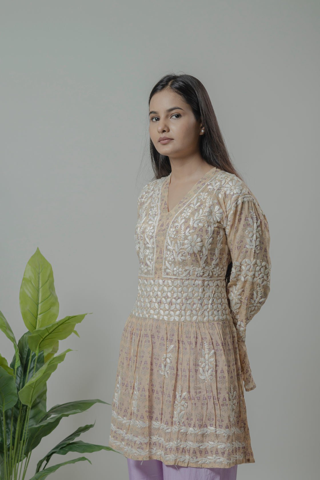 Beige Mul Mul cotton short kurti