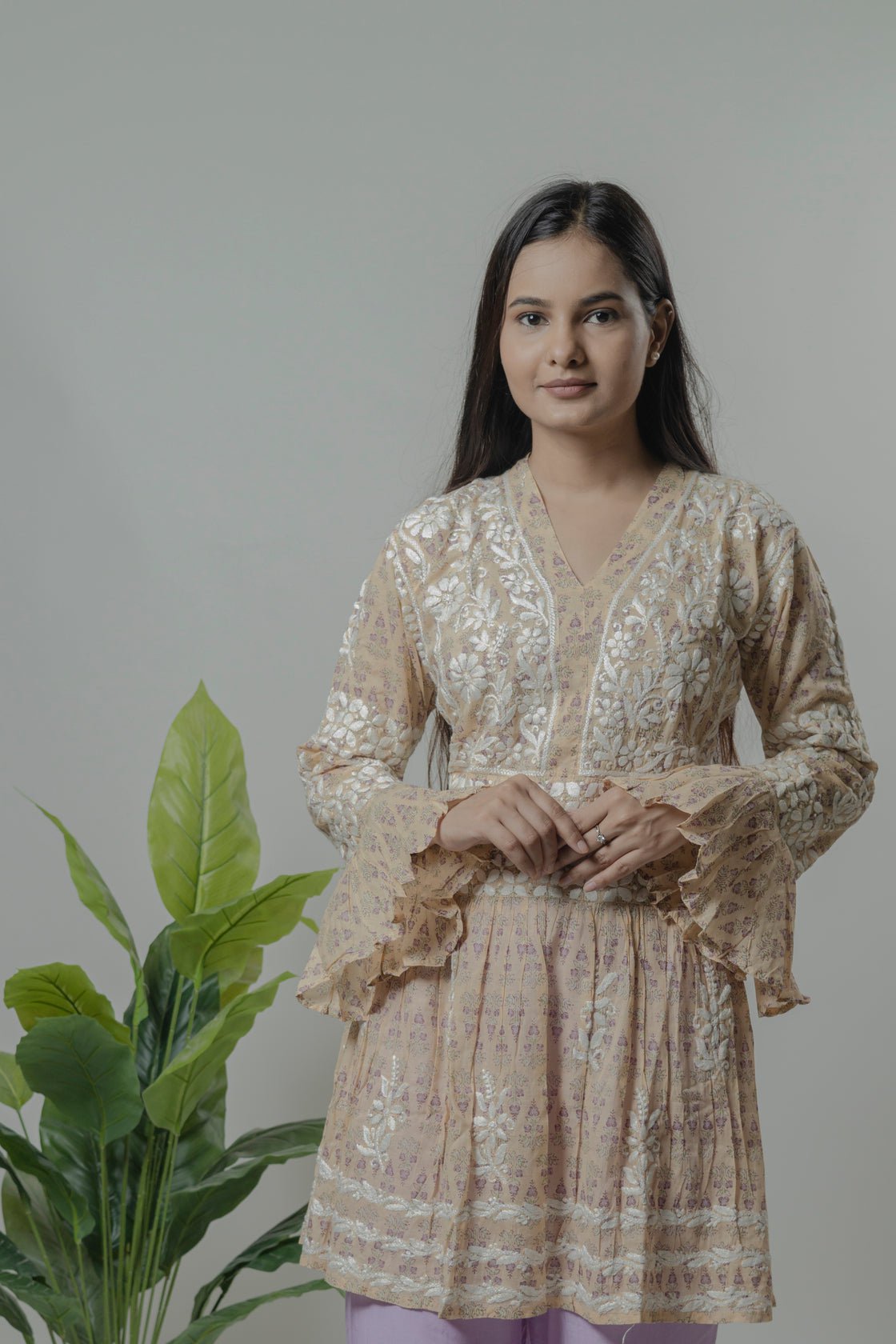 Beige Mul Mul cotton short kurti