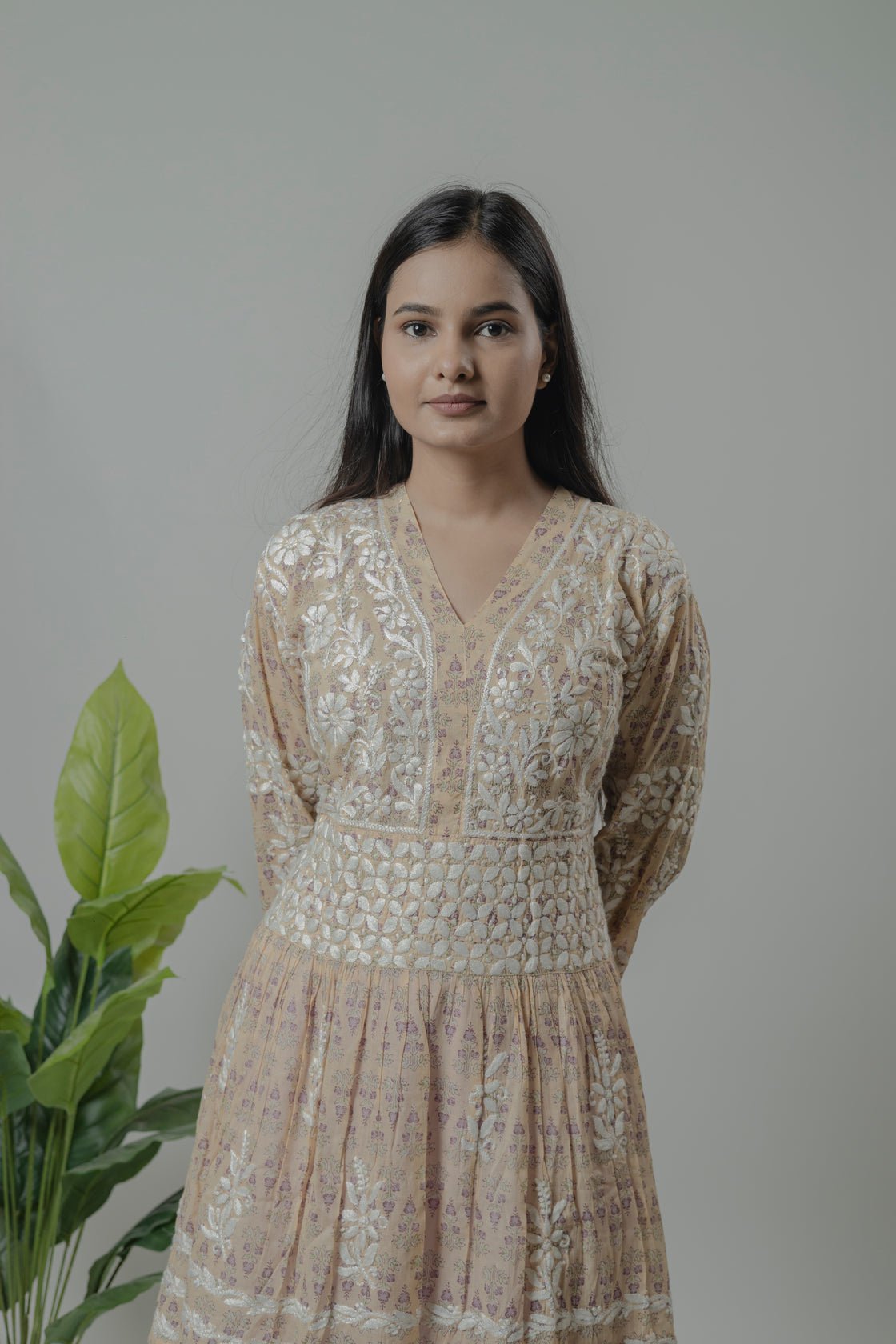 Beige Mul Mul cotton short kurti