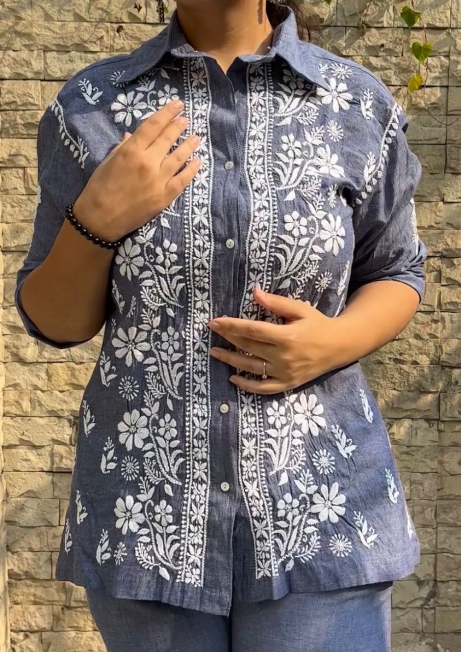 Denim cotton shirt co-ord set Avadh Chikan