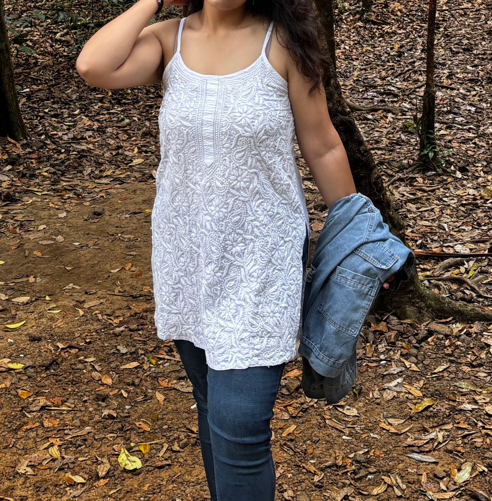 Mul Cotton Front Jaal Noodle Strap Top Avadh Chikan