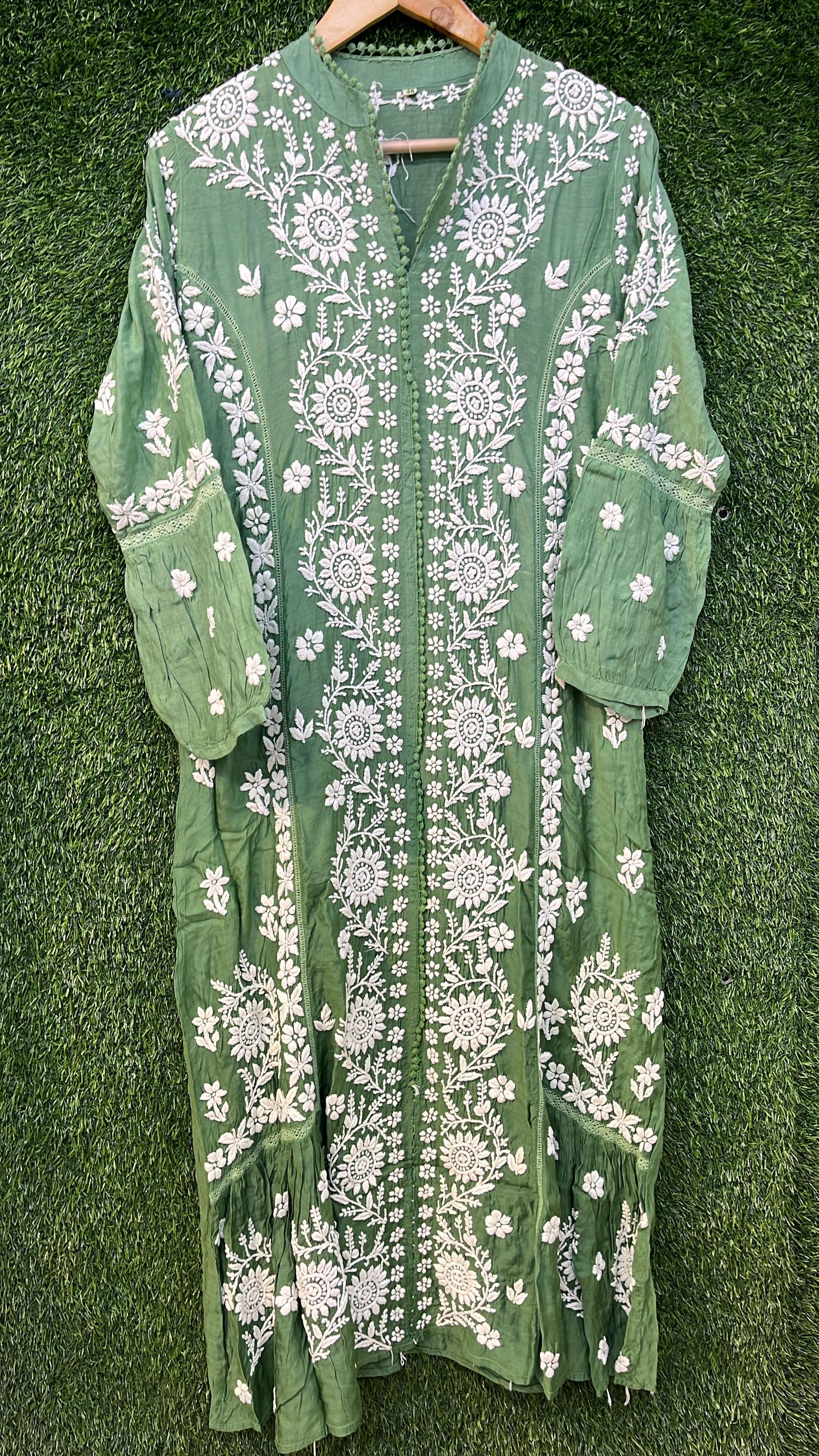 Muslin Long Pom Pom Dress Avadh Chikan