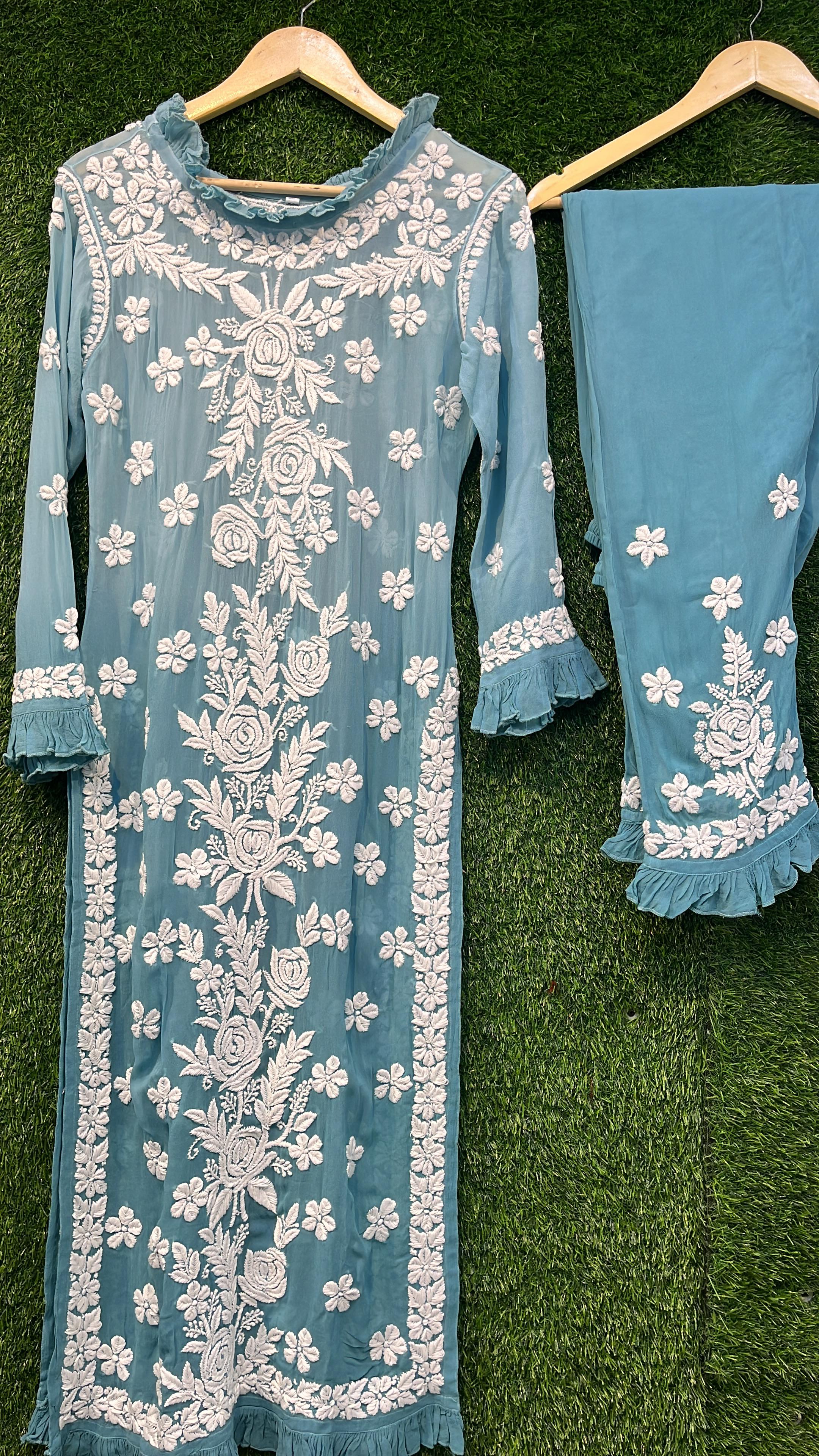 Pure Viscous Georgette Kurta and Palazzo Set with 3D Chikankari work