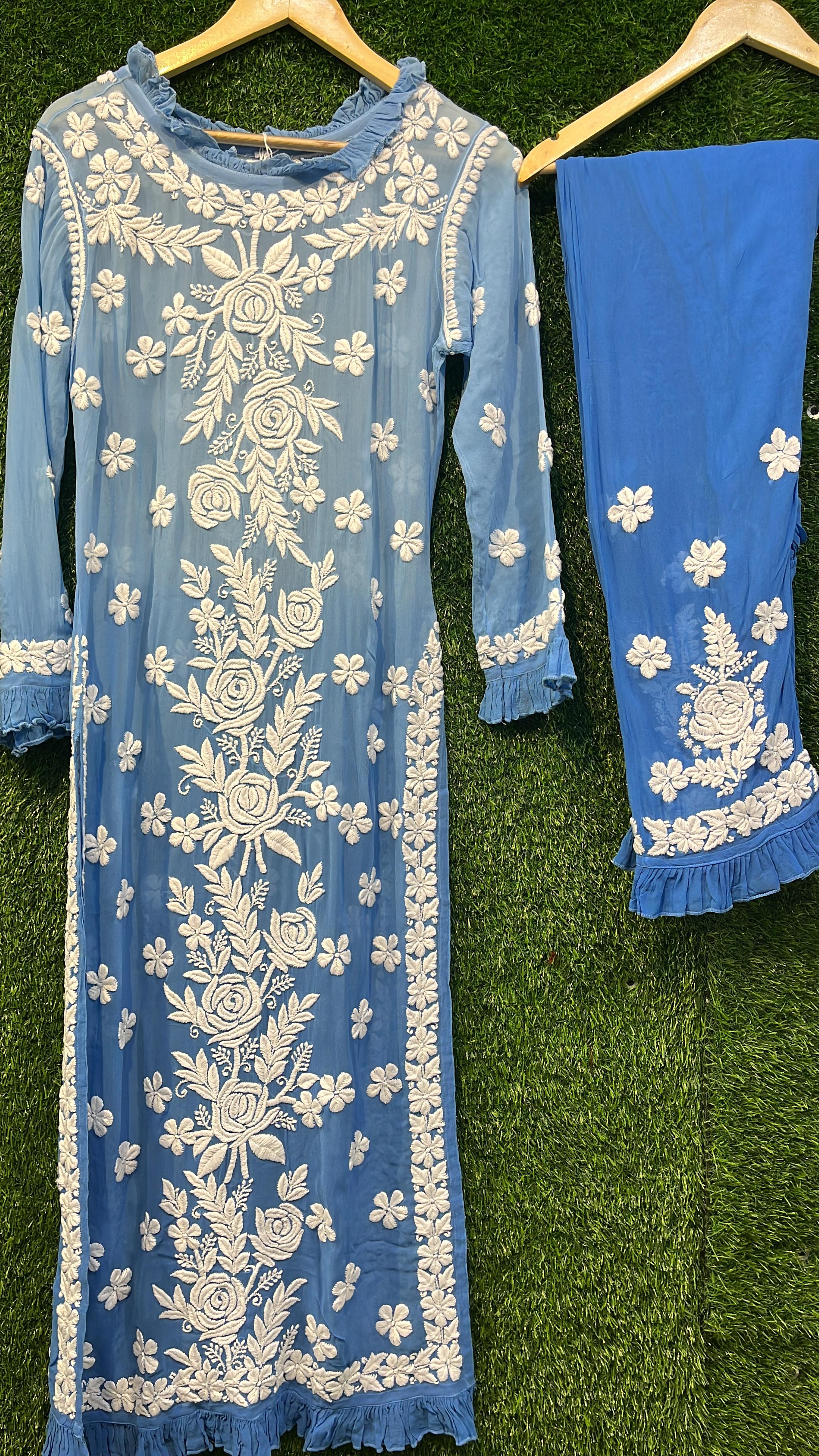 Pure Viscous Georgette Kurta and Palazzo Set with 3D Chikankari work