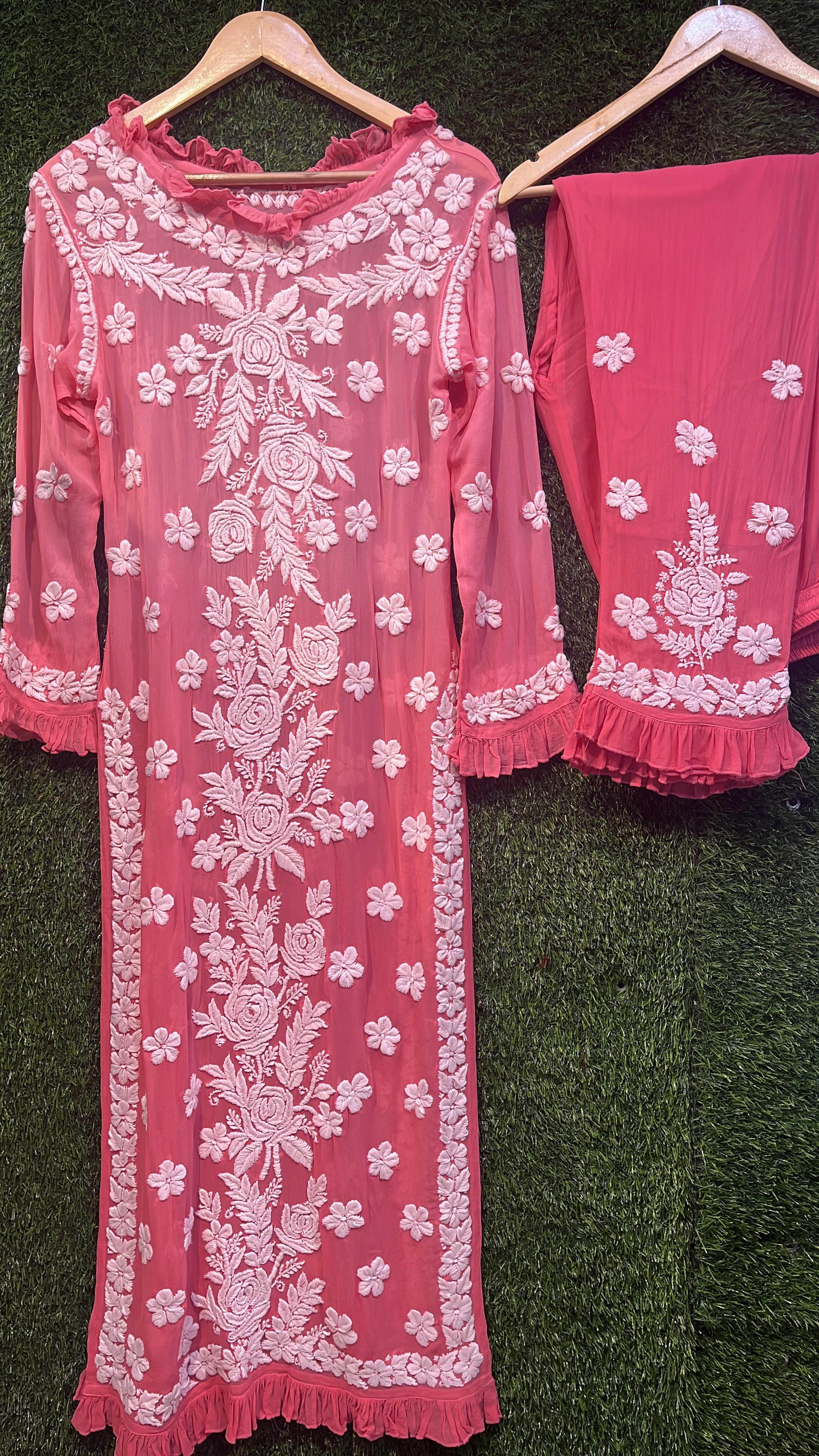 Pure Viscous Georgette Kurta and Palazzo Set with 3D Chikankari work