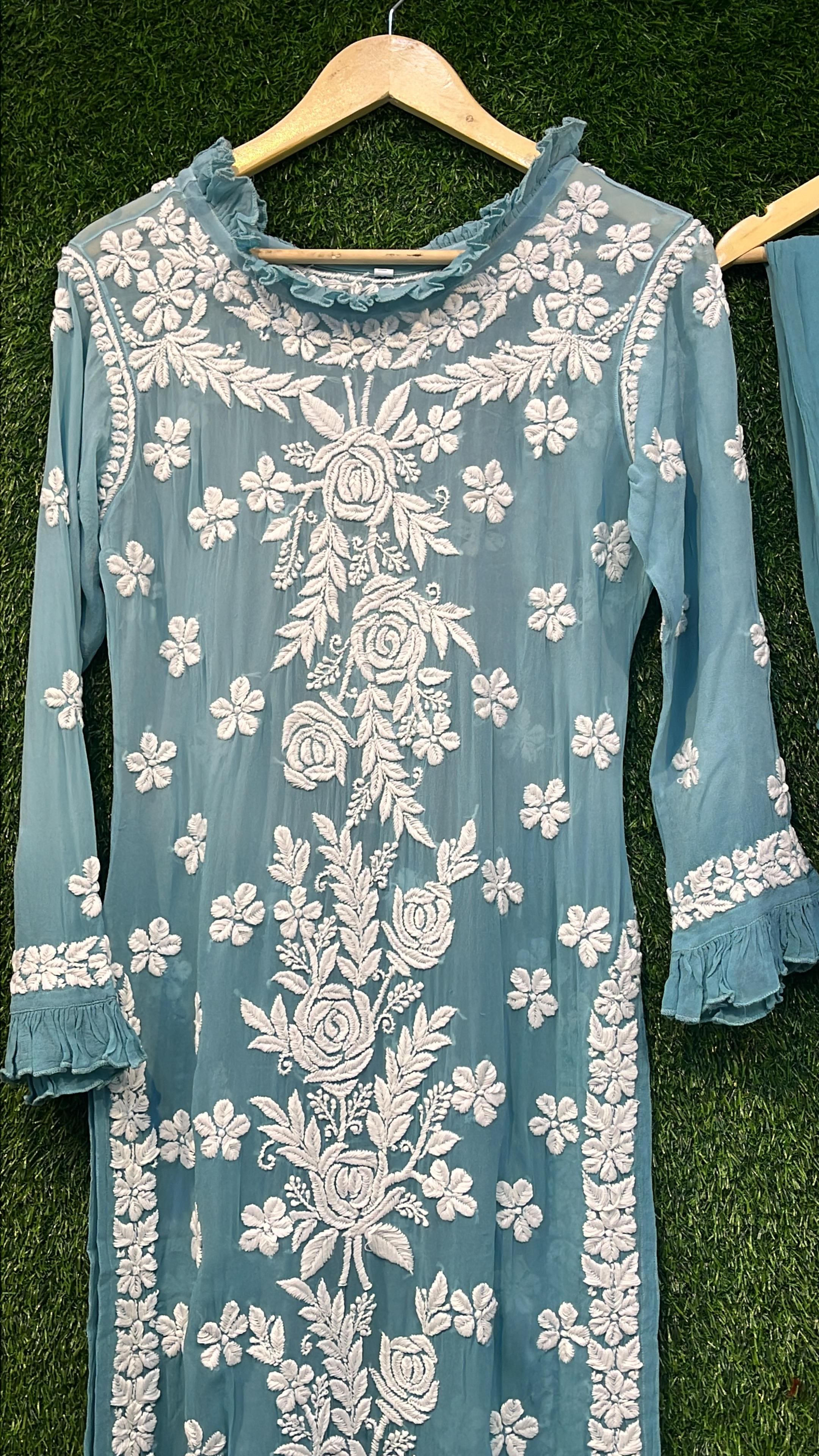 Pure Viscous Georgette Kurta and Palazzo Set with 3D Chikankari work