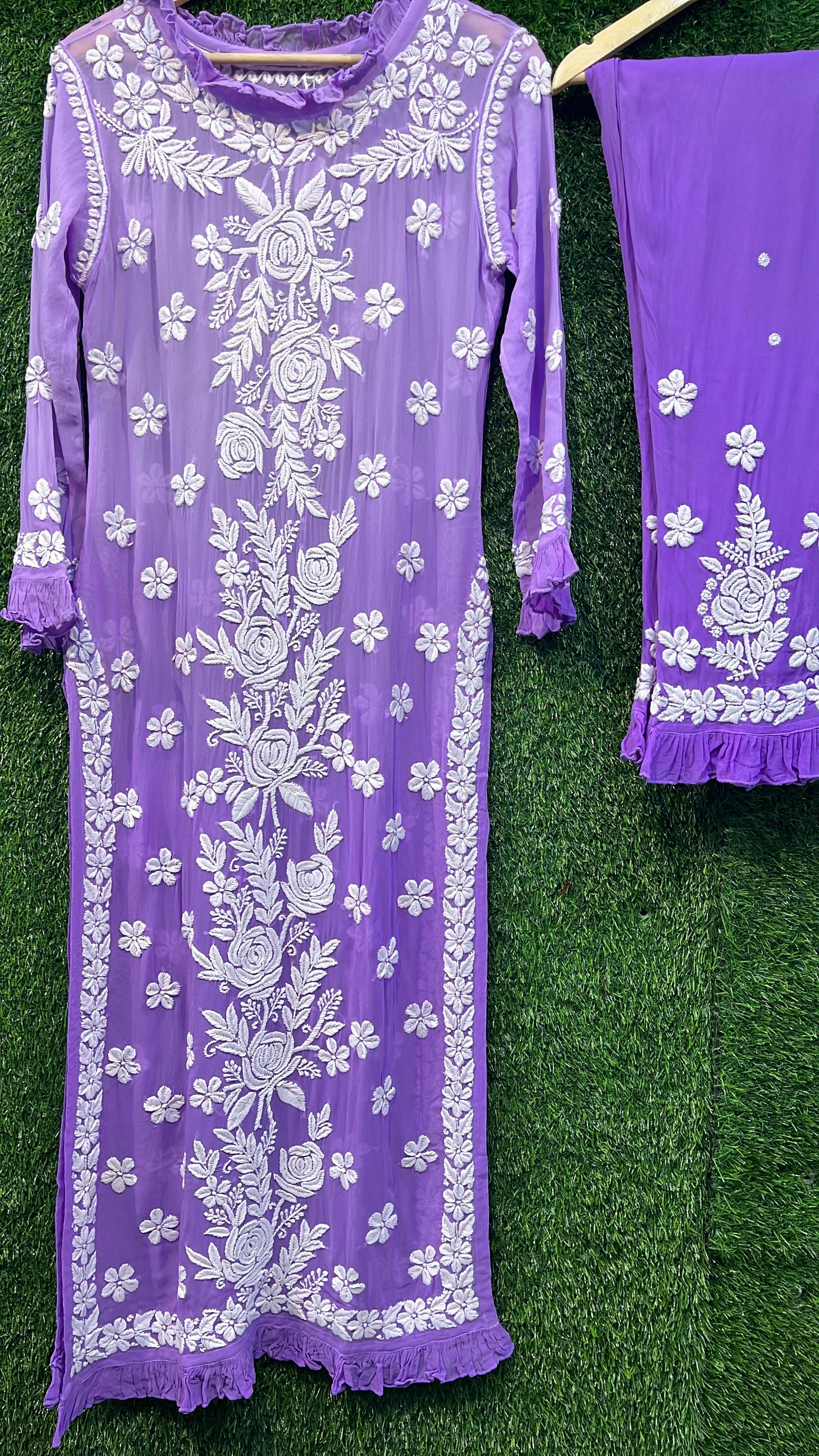 Pure Viscous Georgette Kurta and Palazzo Set with 3D Chikankari work