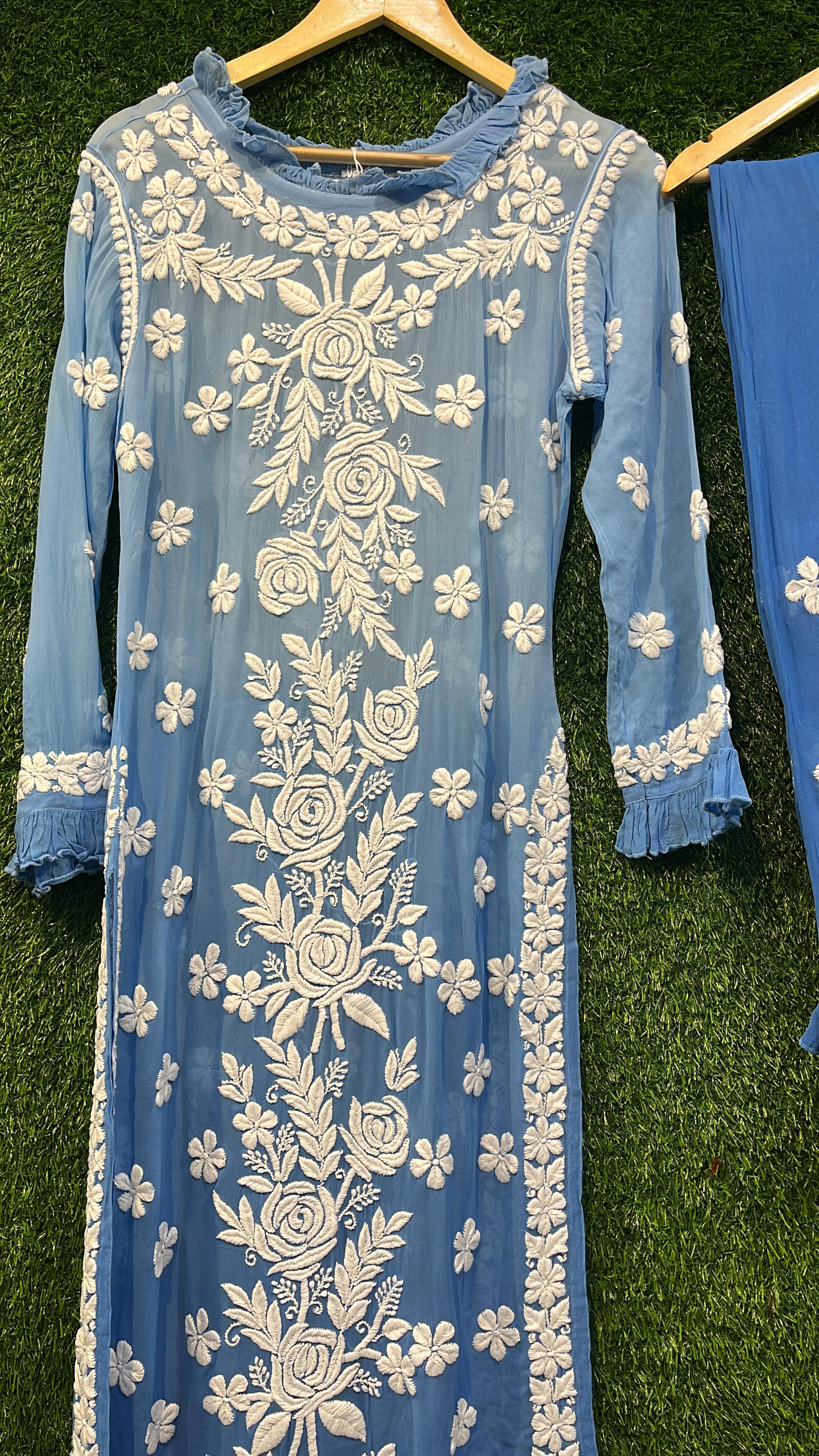 Pure Viscous Georgette Kurta and Palazzo Set with 3D Chikankari work