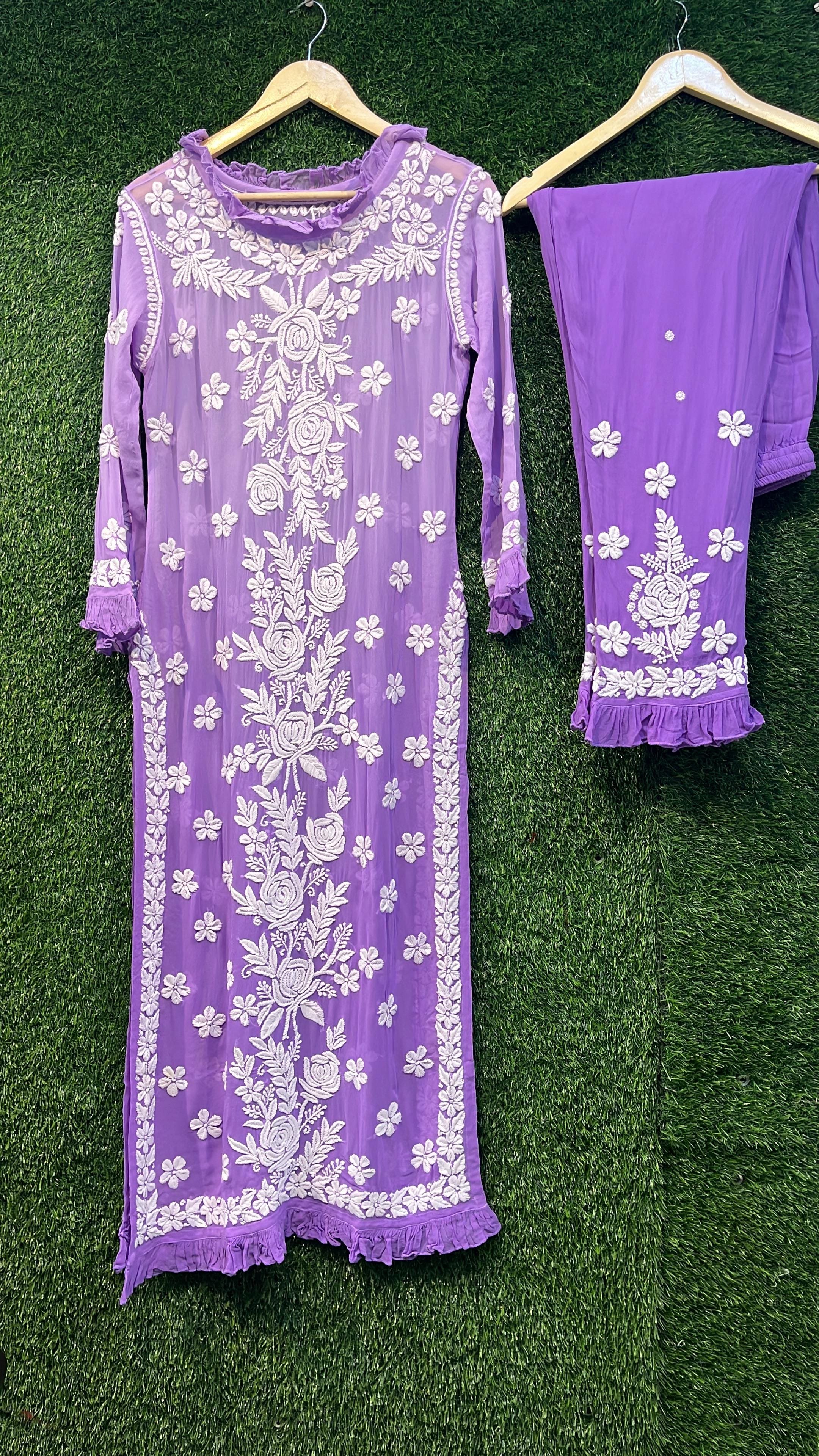 Pure Viscous Georgette Kurta and Palazzo Set with 3D Chikankari work