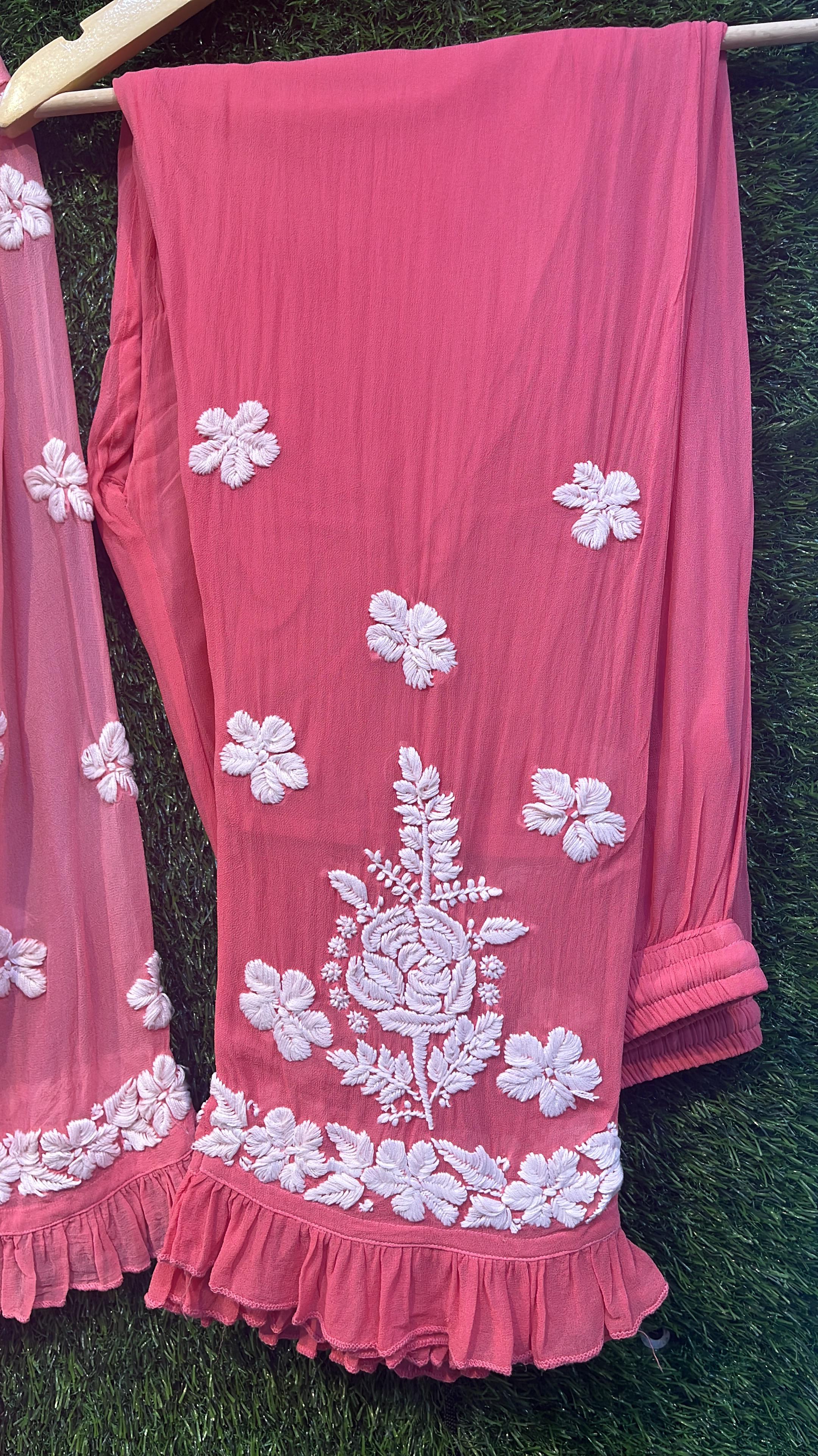 Pure Viscous Georgette Kurta and Palazzo Set with 3D Chikankari work
